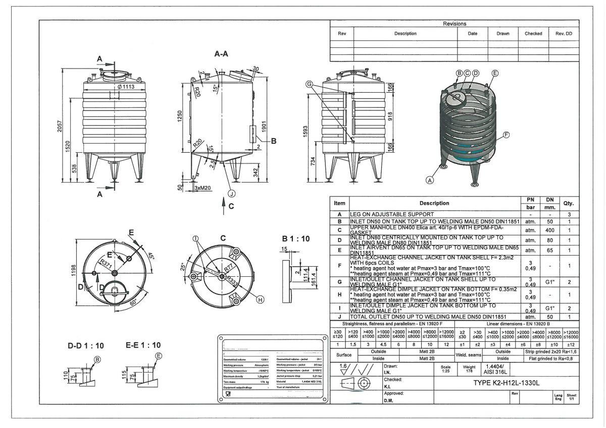 1330 liter tank in Acid-proof 316