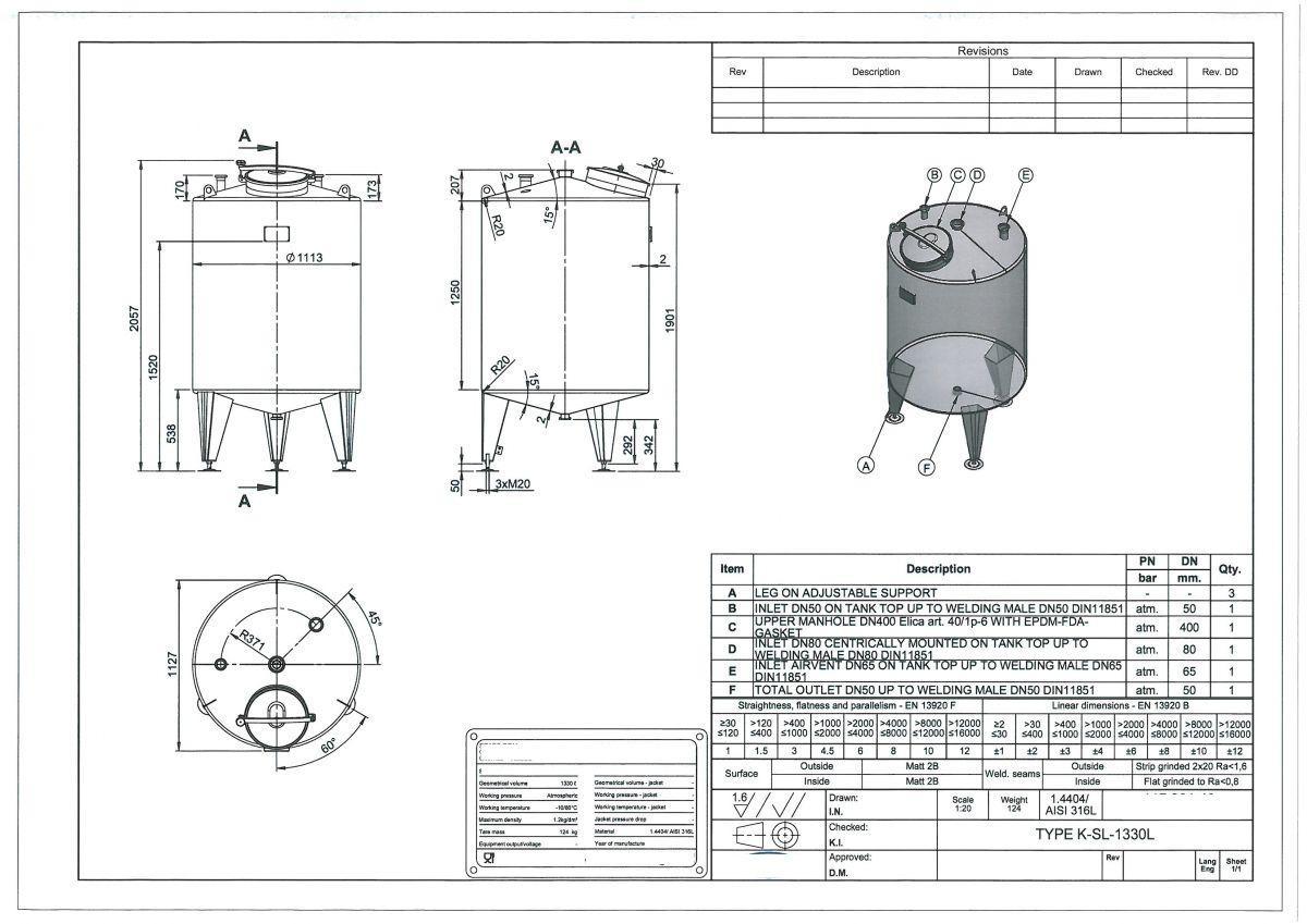 1330 liter tank in Acid-proof 316