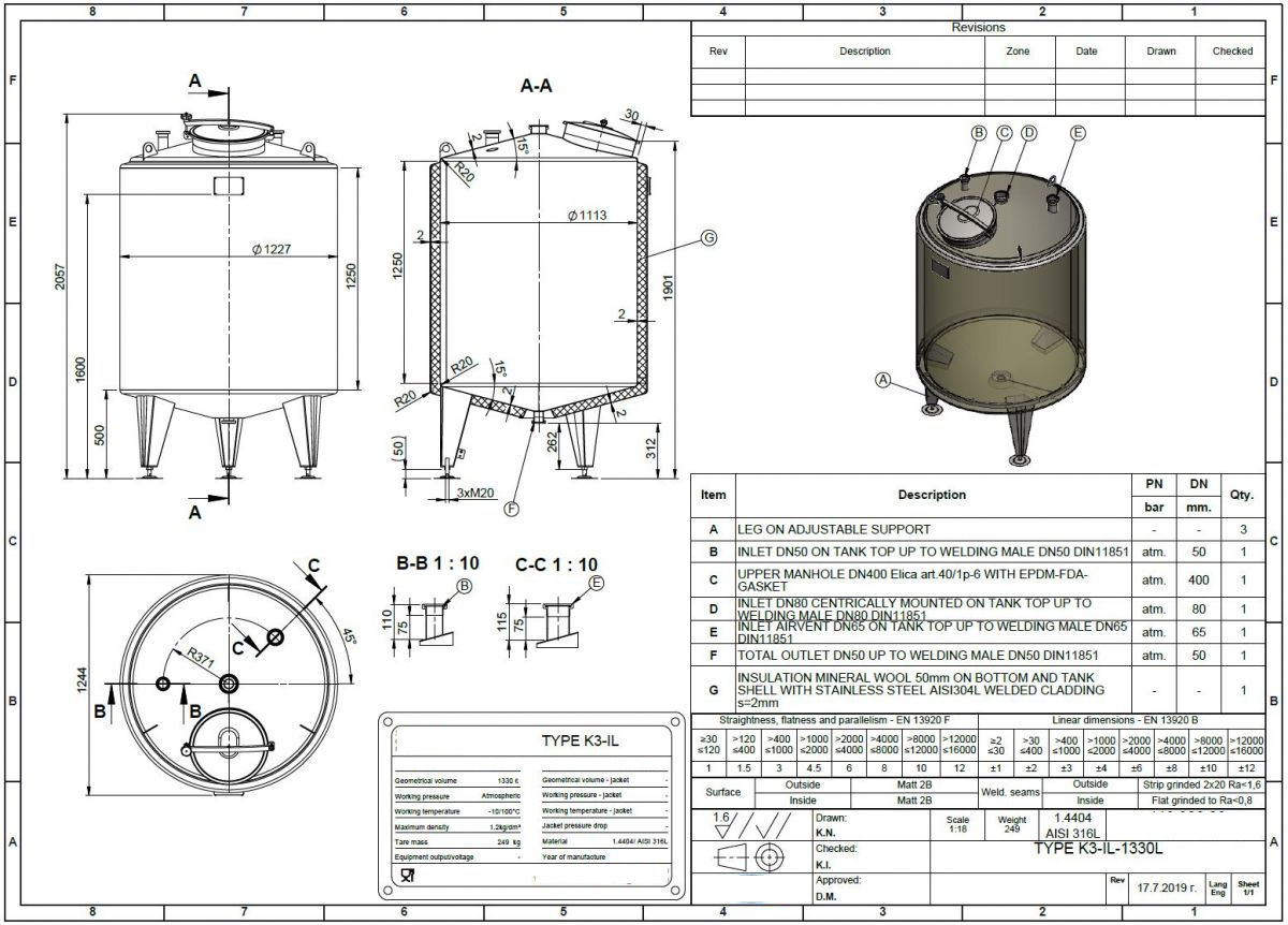 1330 liter tank in Acid-proof 316