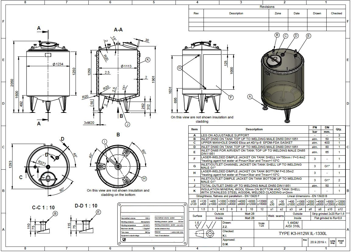 1330 liter tank in Acid-proof 316