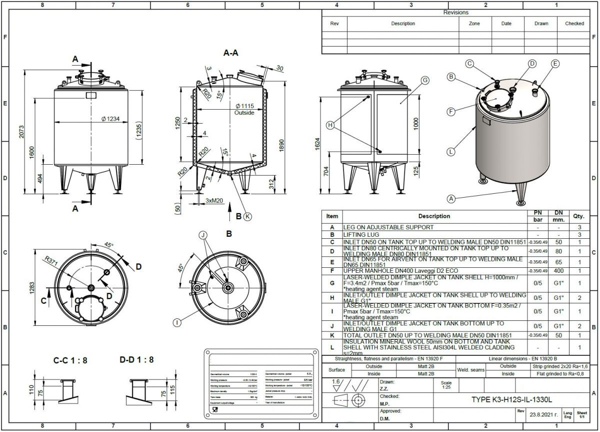 1330 liter tank in Acid-proof 316