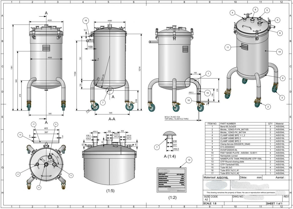 150 liter tank in Acid-proof 316