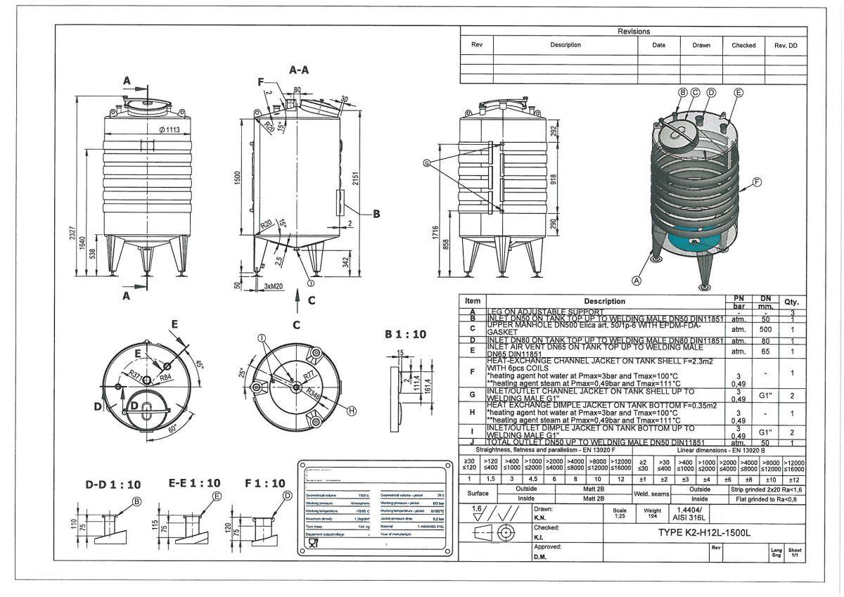 1500 liter tank in Acid-proof 316