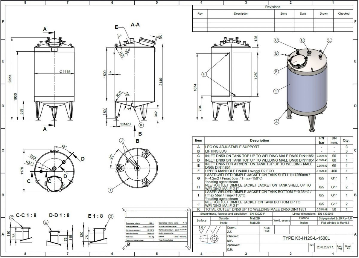 1500 liter tank in Acid-proof 316