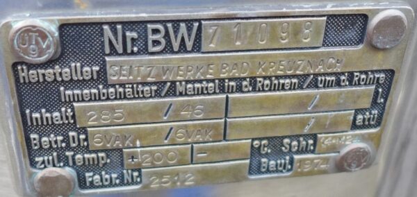 285 liter tank in Acid-proof 316