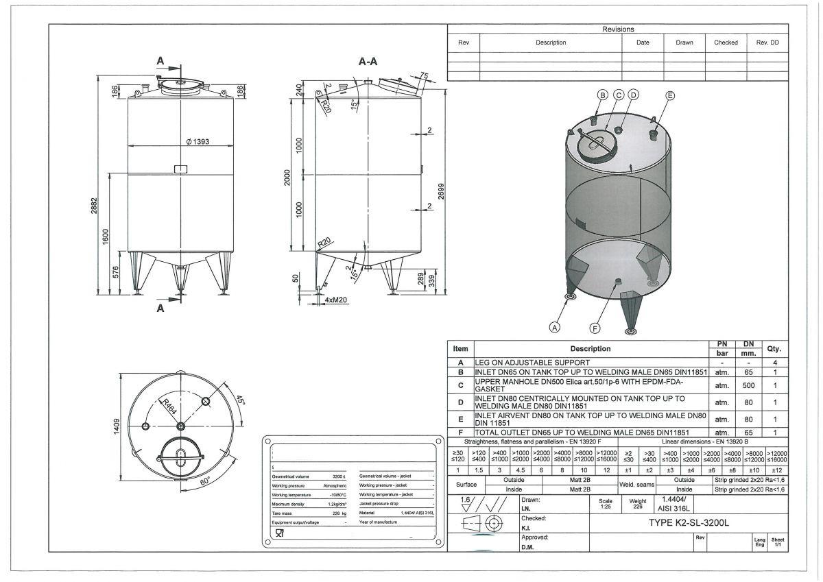 3200 liter tank in Acid-proof 316