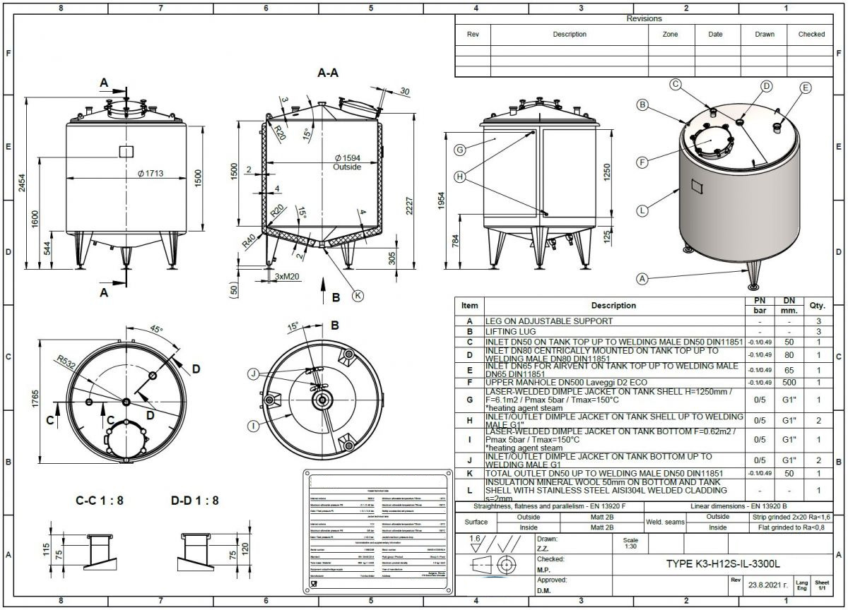 3300 liter tank in Acid-proof 316