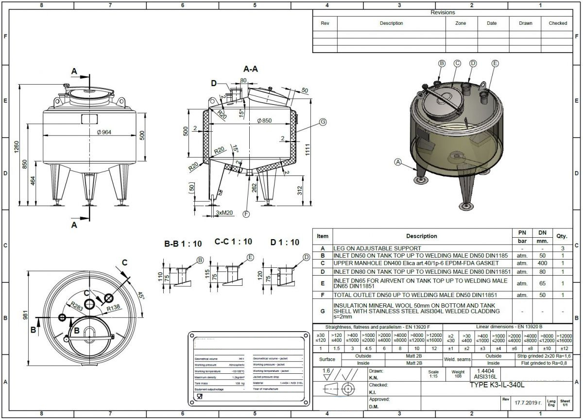 340 liter tank in Acid-proof 316