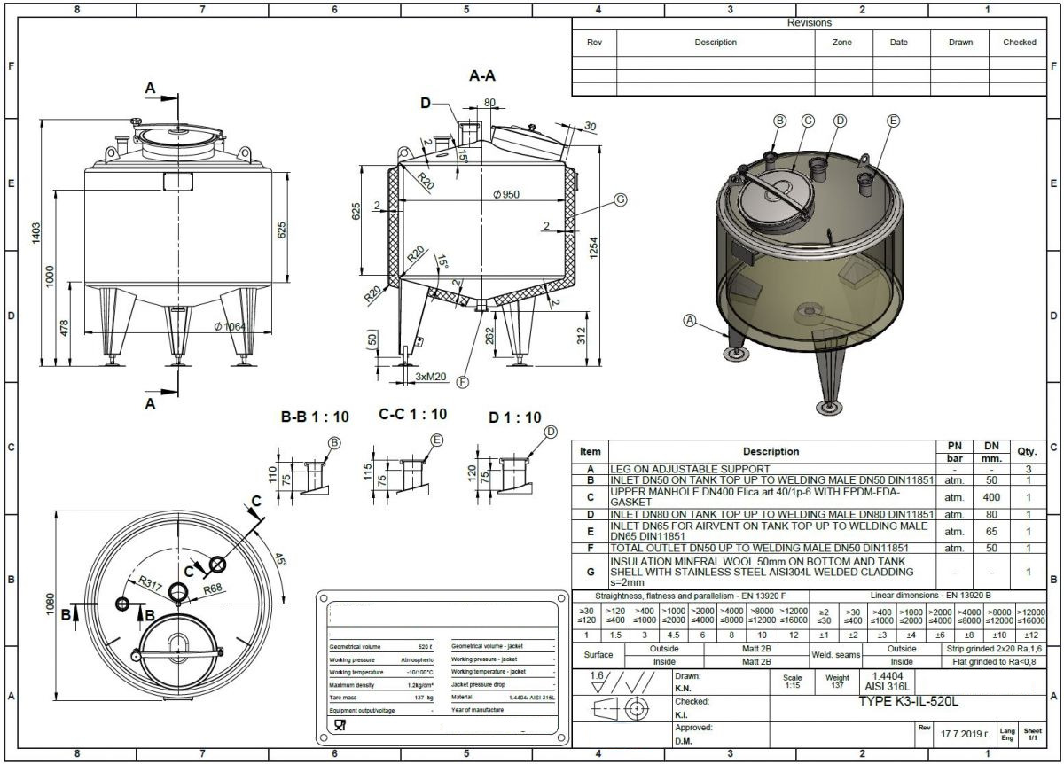 520 liter tank in Acid-proof 316