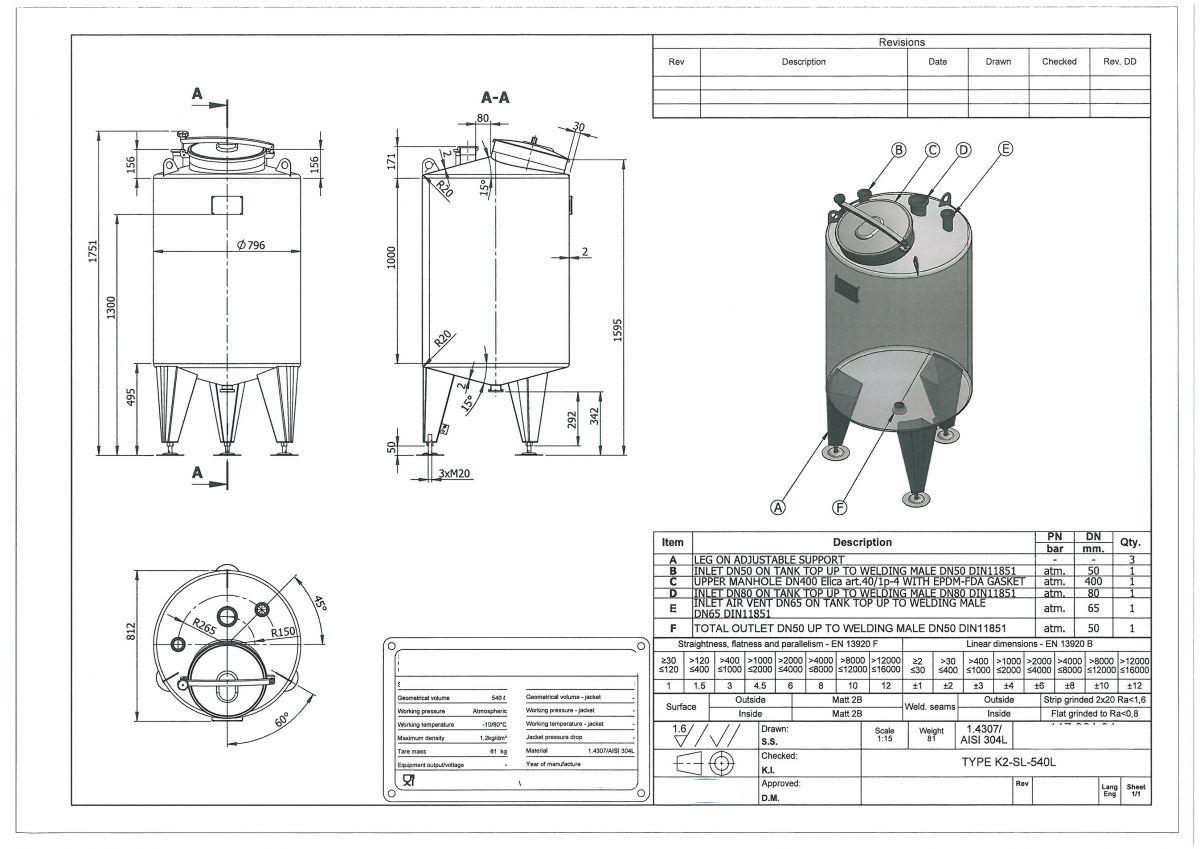 540 liter tank in 304 stainless steel