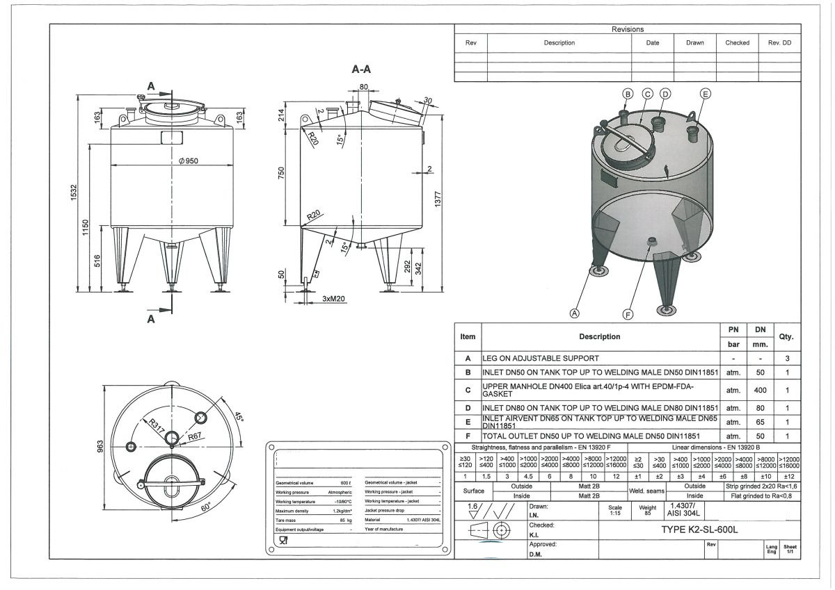 600 liter tank in 304 stainless steel