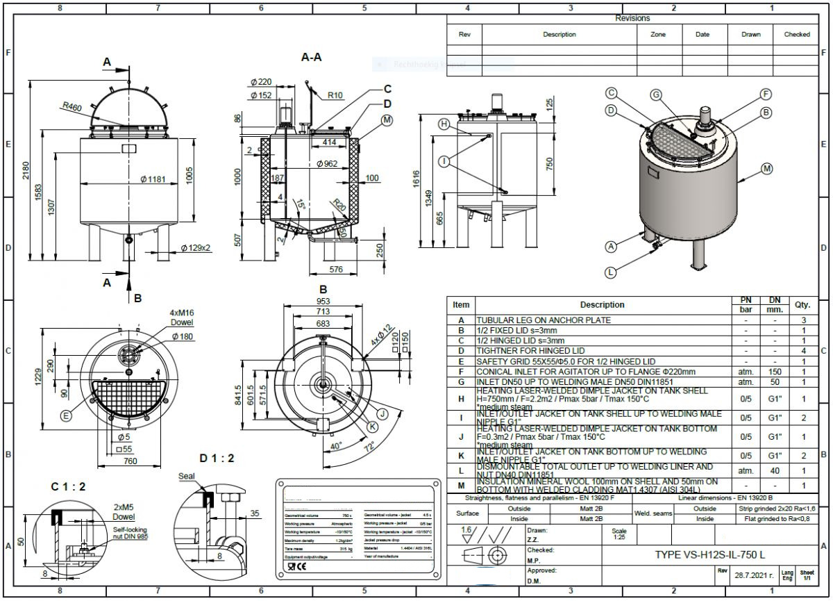 750 liter tank in Acid-proof 316