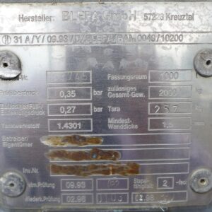 1000 liter tank in 304 stainless steel