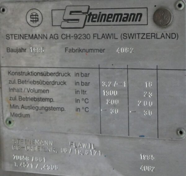 1300 liter tank in Acid-proof 316