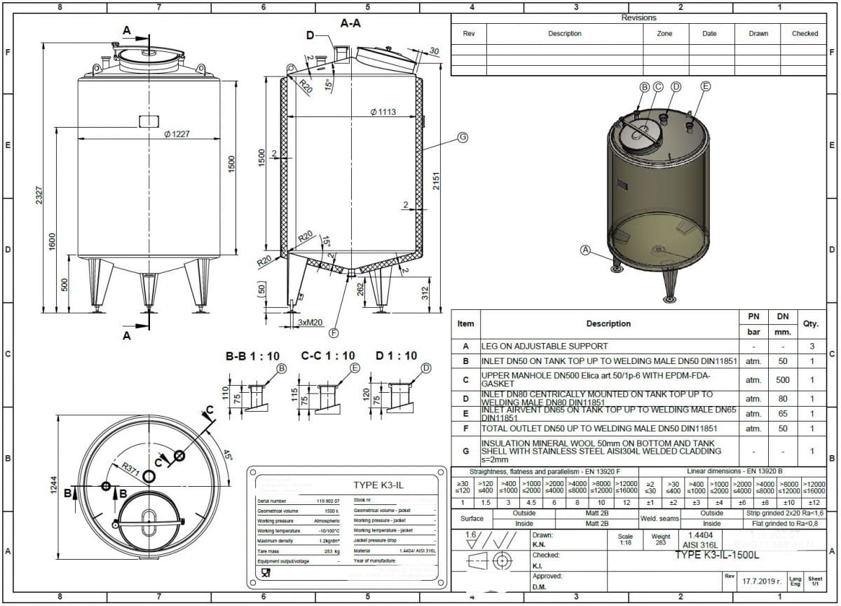 1500 liter tank in Acid-proof 316